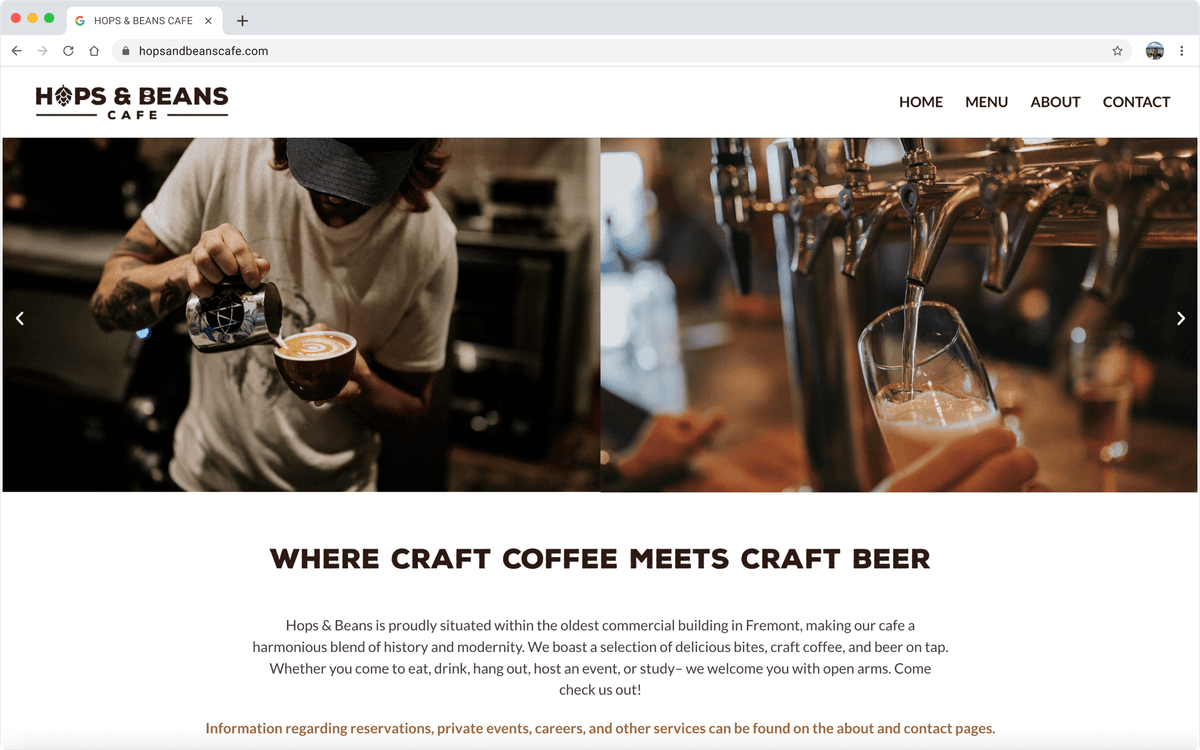 hops & beans website in browser