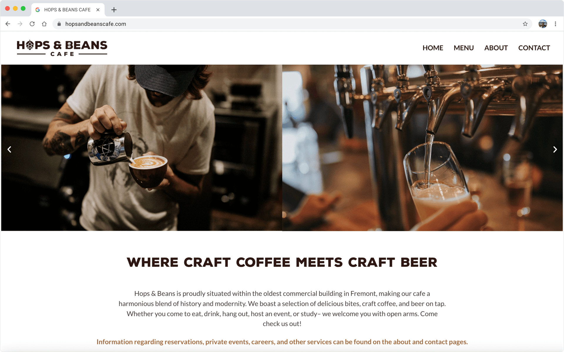 hops and beans cafe website in browser