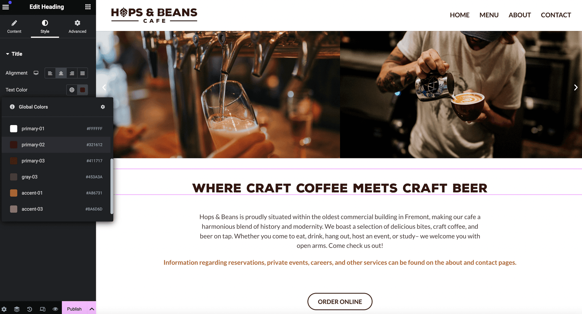 Hops & Beans Website Elementor Workflow